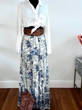 Zara White Maxi Skirt with Blue Floral Print